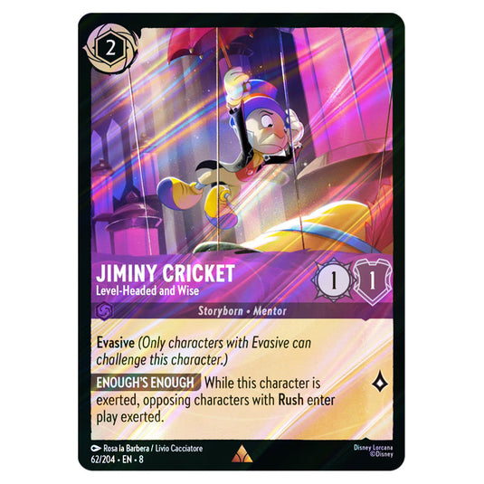 Jiminy Cricket - Level‐Headed and Wise 62/204 card from the Lorcana set Reign of Jafar
