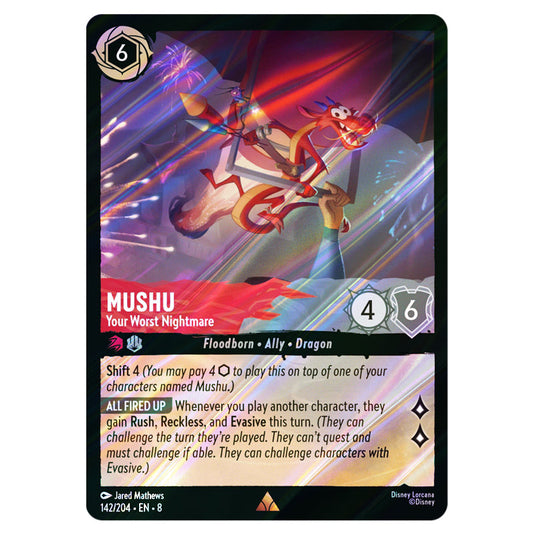 Mushu - Your Worst Nightmare 142/204 card from the Lorcana set Reign of Jafar