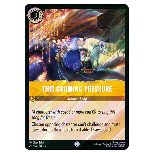 This Growing Pressure 29/204 card from the Lorcana set Wilds Unknown