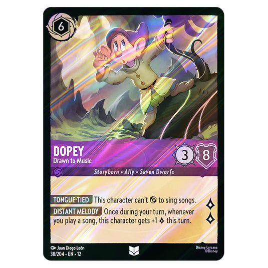 Dopey - Drawn to Music 38/204 card from the Lorcana set Wilds Unknown