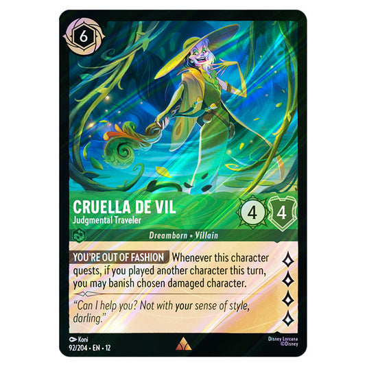 Cruella De Vil - Judgmental Traveler 92/204 card from the Lorcana set Wilds Unknown