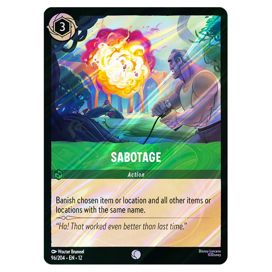 Sabotage 96/204 card from the Lorcana set Wilds Unknown
