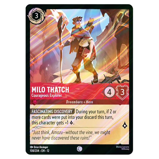 Milo Thatch - Courageous Explorer 108/204 card from the Lorcana set Wilds Unknown