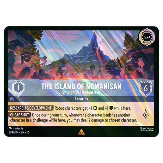 The Island of Nomanisan - Syndrome's Headquarters 204/204 card from the Lorcana set Wilds Unknown