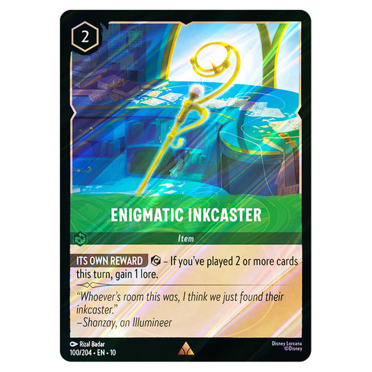 Enigmatic Inkcaster 100/204 card from the Lorcana set Whispers in the Well