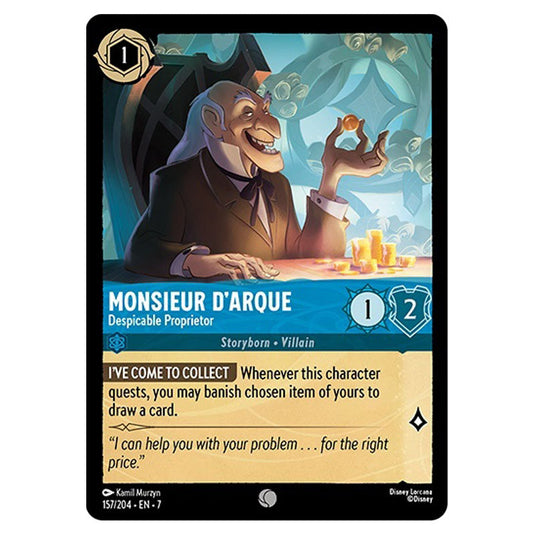 Monsieur D'Arque - Despicable Proprietor 157/204 card from the Lorcana set Archazia's Island