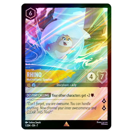 Rhino - Motivational Speaker 1/204 card from the Lorcana set Archazia's Island