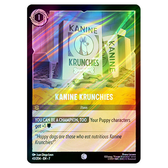 Kanine Krunchies 43/204 card from the Lorcana set Archazia's Island