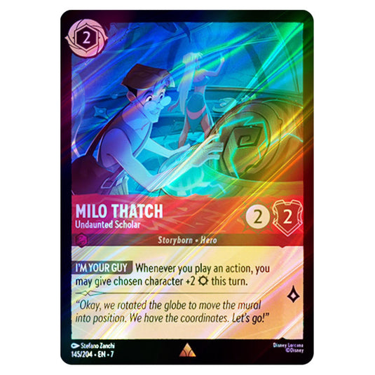 Milo Thatch - Undaunted Scholar 145/204 card from the Lorcana set Archazia's Island