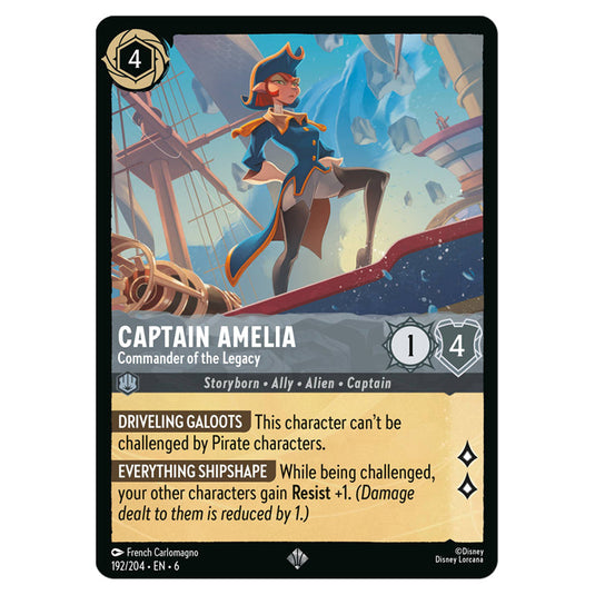 Captain Amelia - Commander of the Legacy 192/204 card from the Lorcana set Azurite Sea