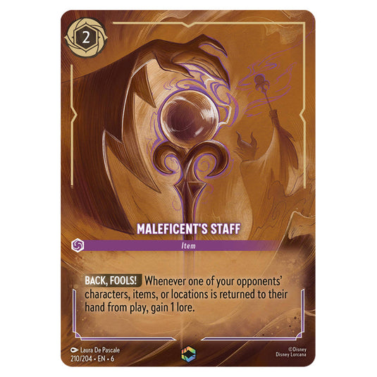 Maleficent's Staff 210/204 card from the Lorcana set Azurite Sea