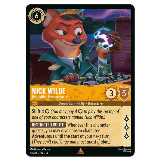 Nick Wilde – Inquisitive Harbormaster 11/204 card from the Lorcana set Hyperia City