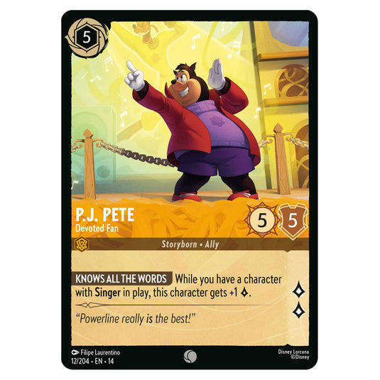 P.J. Pete – Devoted Fan 12/204 card from the Lorcana set Hyperia City
