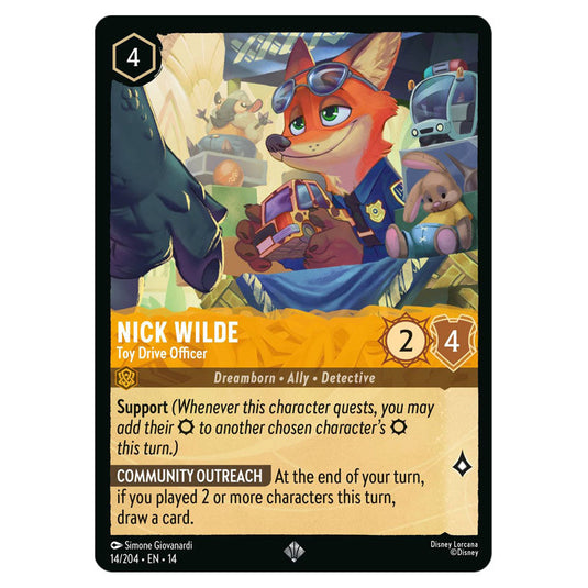 Nick Wilde – Toy Drive Officer 14/204 card from the Lorcana set Hyperia City