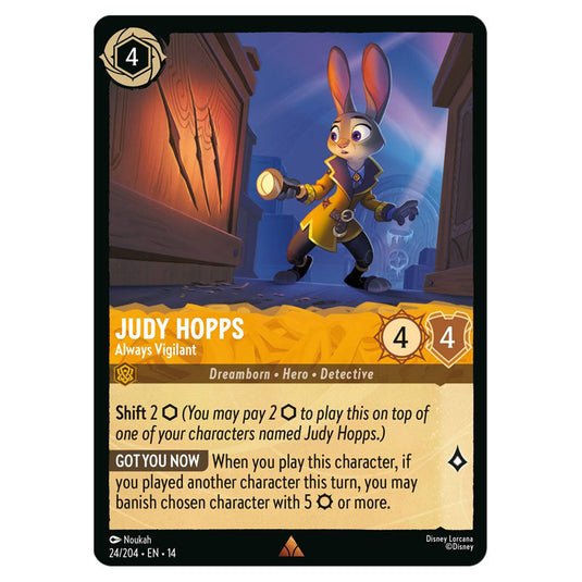 Judy Hopps – Always Vigilant 24/204 card from the Lorcana set Hyperia City