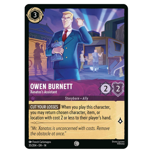Owen Burnett – Xanatos's Assistant 35/204 card from the Lorcana set Hyperia City