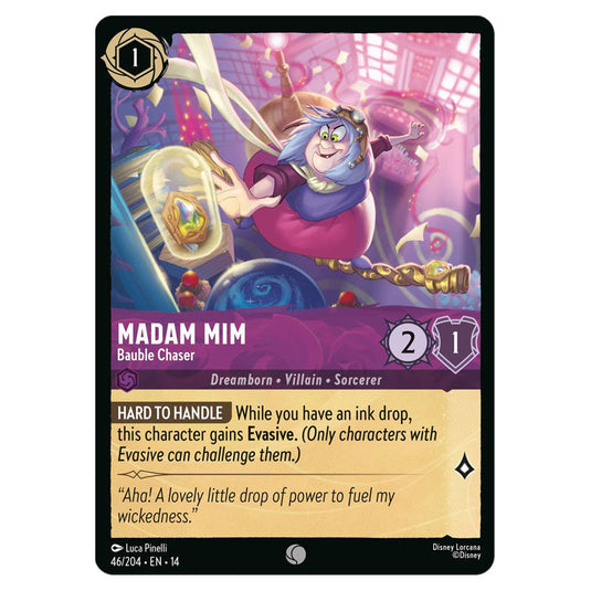 Madam Mim – Bauble Chaser 46/204 card from the Lorcana set Hyperia City