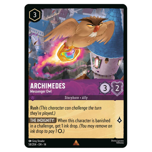 Archimedes – Messenger Owl 58/204 card from the Lorcana set Hyperia City