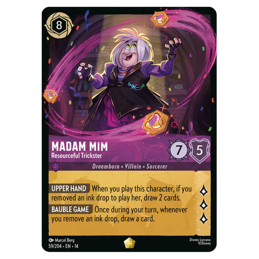 Madam Mim – Resourceful Trickster 59/204 card from the Lorcana set Hyperia City