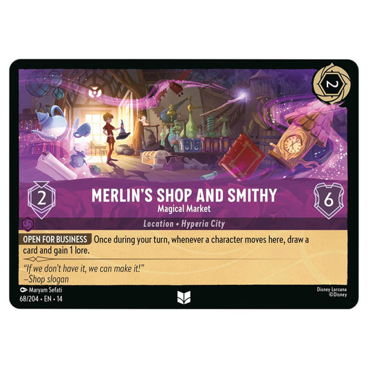 Merlin's Shop and Smithy – Magical Market 68/204 card from the Lorcana set Hyperia City