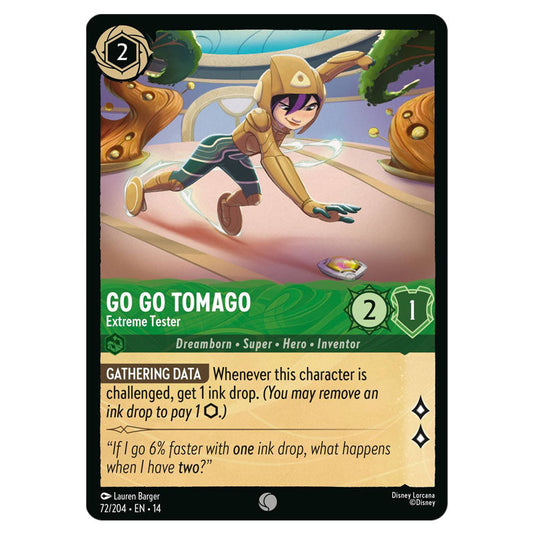 Go Go Tomago – Extreme Tester 72/204 card from the Lorcana set Hyperia City