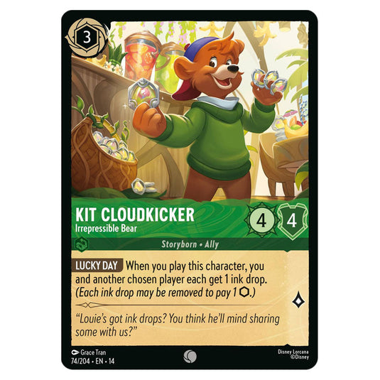 Kit Cloudkicker – Irrepressible Bear 74/204 card from the Lorcana set Hyperia City