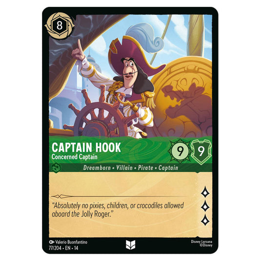 Captain Hook – Concerned Captain 77/204 card from the Lorcana set Hyperia City