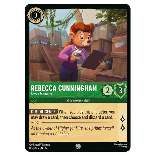 Rebecca Cunningham – Savvy Manager 80/204 card from the Lorcana set Hyperia City