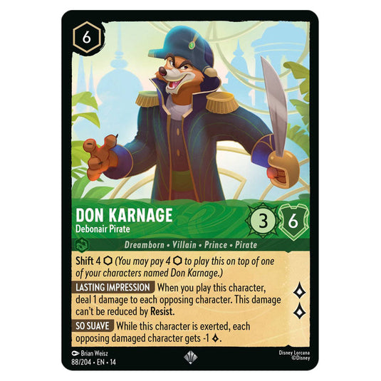 Don Karnage – Debonair Pirate 88/204 card from the Lorcana set Hyperia City