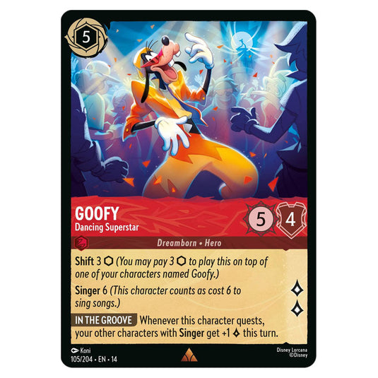 Goofy – Dancing Superstar 105/204 card from the Lorcana set Hyperia City
