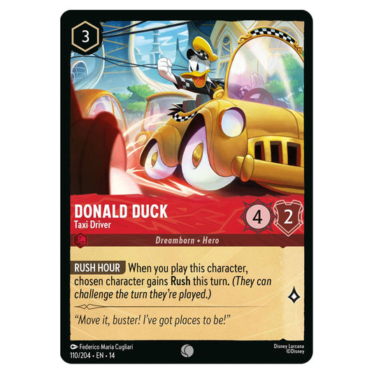 Donald Duck – Taxi Driver 110/204 card from the Lorcana set Hyperia City
