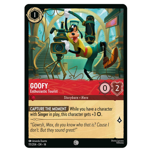 Goofy – Enthusiastic Tourist 111/204 card from the Lorcana set Hyperia City