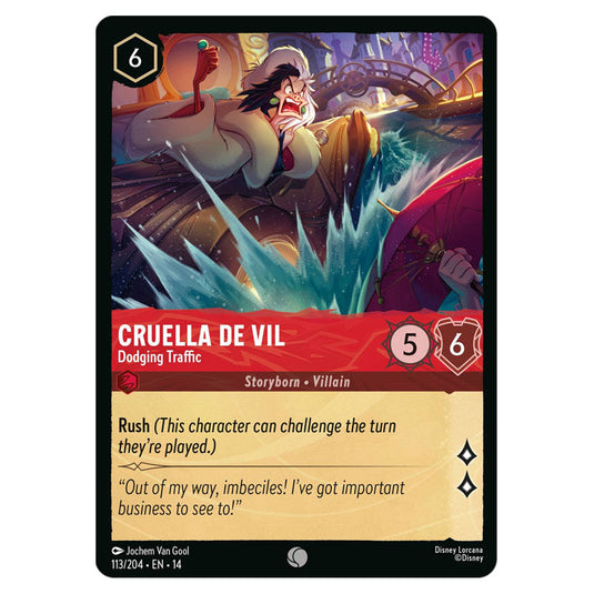 Cruella De Vil – Dodging Traffic 113/204 card from the Lorcana set Hyperia City