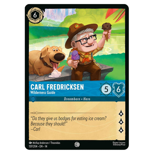 Carl Fredricksen – Wilderness Guide 137/204 card from the Lorcana set Hyperia City