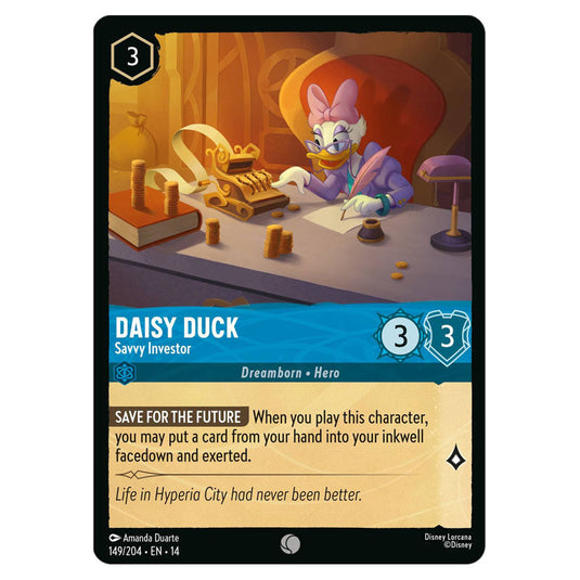 Daisy Duck – Savvy Investor 149/204 card from the Lorcana set Hyperia City