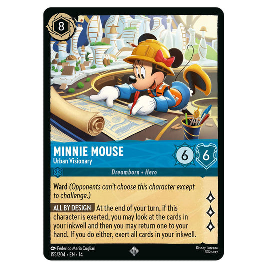 Minnie Mouse – Urban Visionary 155/204 card from the Lorcana set Hyperia City