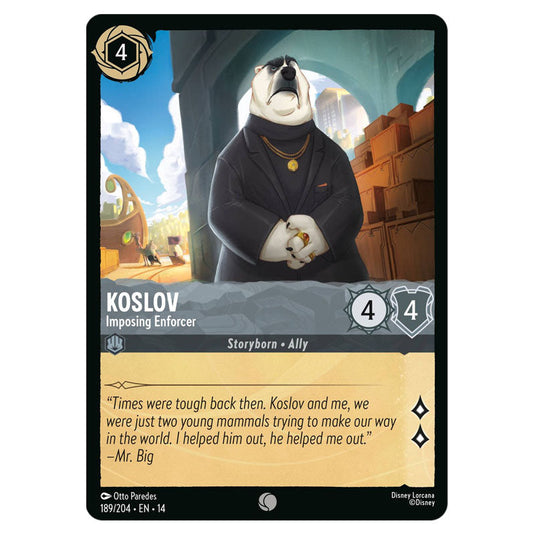 Koslov – Imposing Enforcer 189/204 card from the Lorcana set Hyperia City