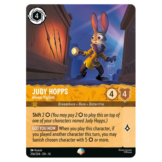 Judy Hopps – Always Vigilant 206/204 card from the Lorcana set Hyperia City