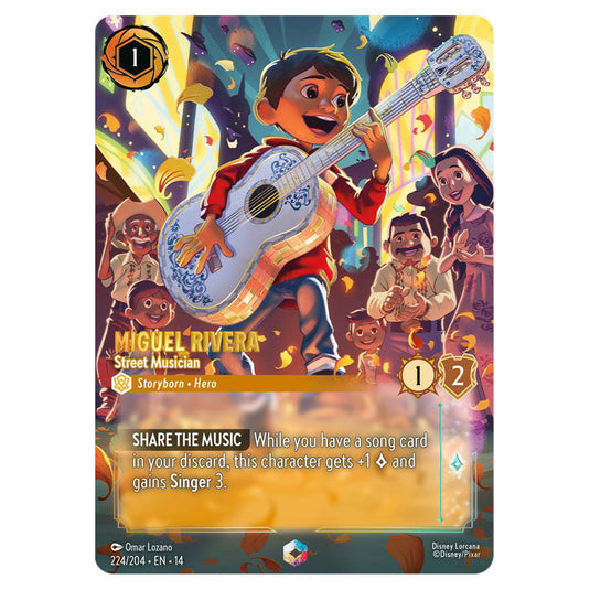 Miguel Rivera – Street Musician 224/204 card from the Lorcana set Hyperia City