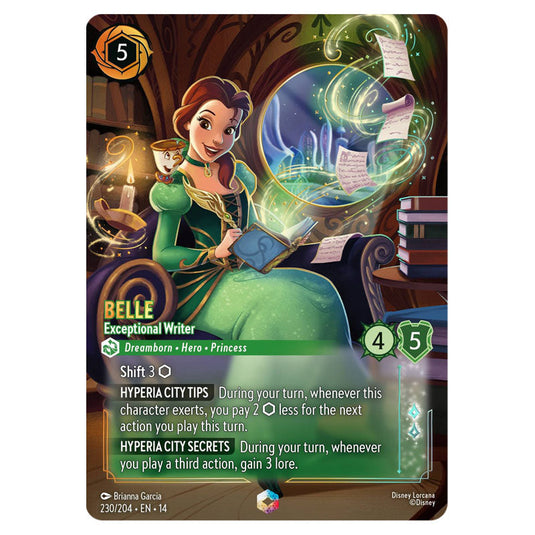 Belle – Exceptional Writer 230/204 card from the Lorcana set Hyperia City