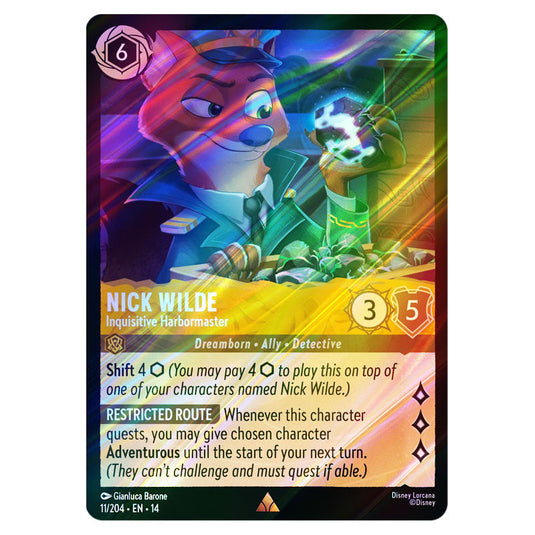 Nick Wilde – Inquisitive Harbormaster 11/204 card from the Lorcana set Hyperia City