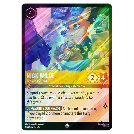 Nick Wilde – Toy Drive Officer 14/204 card from the Lorcana set Hyperia City
