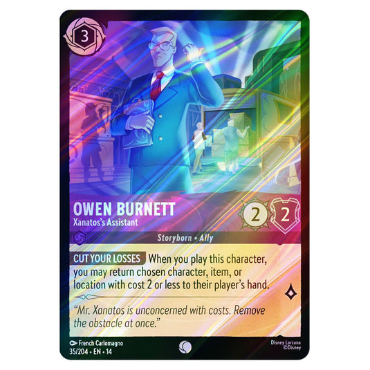 Owen Burnett – Xanatos's Assistant 35/204 card from the Lorcana set Hyperia City
