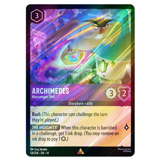 Archimedes – Messenger Owl 58/204 card from the Lorcana set Hyperia City