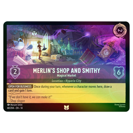 Merlin's Shop and Smithy – Magical Market 68/204 card from the Lorcana set Hyperia City