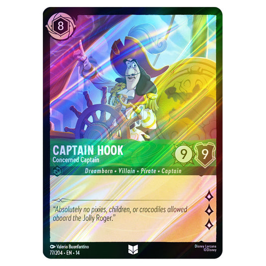 Captain Hook – Concerned Captain 77/204 card from the Lorcana set Hyperia City