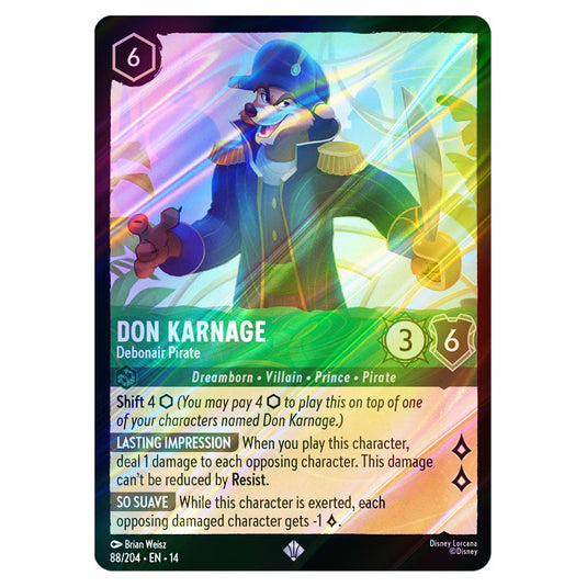 Don Karnage – Debonair Pirate 88/204 card from the Lorcana set Hyperia City