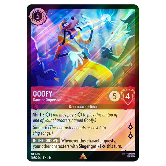 Goofy – Dancing Superstar 105/204 card from the Lorcana set Hyperia City