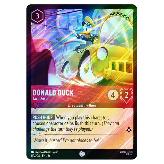 Donald Duck – Taxi Driver 110/204 card from the Lorcana set Hyperia City