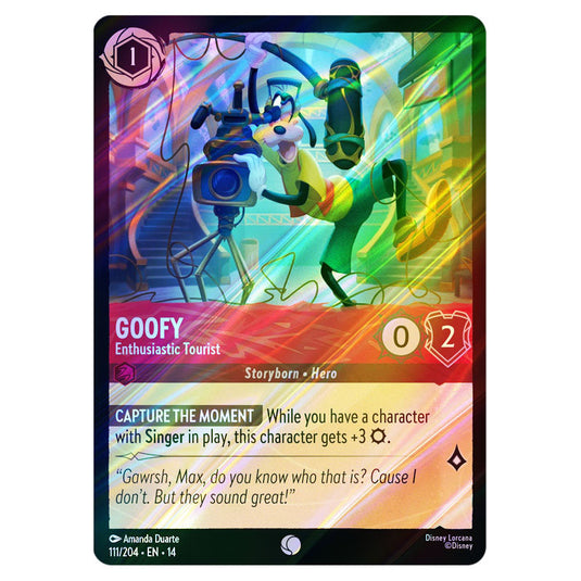 Goofy – Enthusiastic Tourist 111/204 card from the Lorcana set Hyperia City